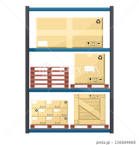 Warehouse with industrial metal racks and shelves for pallet support. Cargo and shipping logistics. Industrial storage and distribution of products Warehouse with industrial metal racks and shelves for pallet support. Cargo and shipping logistics. Industrial storage and distribution of products 116884668
