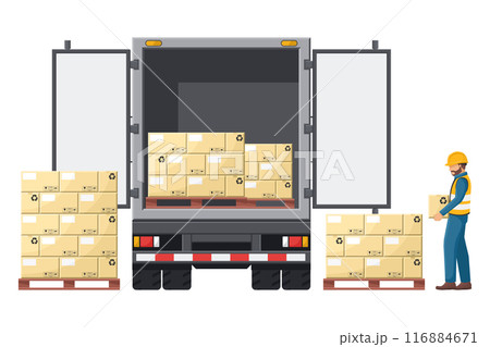 Industrial worker loading boxes into a Isothermal, efrigerated truck for the transportation of perishable foods. Cargo and shipping logistics. Industrial storage and distribution of products 116884671