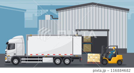 Warehouse with industrial metal racks and shelves for pallet support. Forklift loading boxes to a refrigerator truck. Cargo and shipping logistics. Industrial storage and distribution of products Warehouse with industrial metal racks and shelves for pallet support. Forklift loading boxes to a refrigerator truck. Cargo and shipping logistics. Industrial storage and distribution of products 116884682