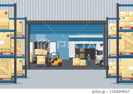Warehouse with metal racks. Forklift loading boxes to a refrigerator truck. Worker doing inventory of merchandise. Cargo and shipping logistics. Industrial storage and distribution of products Warehouse with metal racks. Forklift loading boxes to a refrigerator truck. Worker doing inventory of merchandise. Cargo and shipping logistics. Industrial storage and distribution of products 116884687