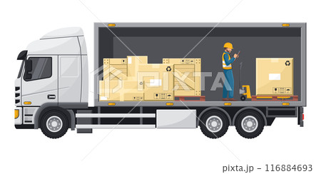 Worker doing inventory. Isothermal, refrigerated and reefer truck for a controlled temperature in the cold chain for the transportation, storage and preservation of perishable products or foods. Worker doing inventory. Isothermal, refrigerated and reefer truck for a controlled temperature in the cold chain for the transportation, storage and preservation of perishable products or foods. 116884693