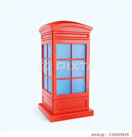 Cute 3d cartoon red telephone box of London isolated on white background. Street phone cabin. Country symbol of Great Britain. Design for travel to London or learn English. Vector illustration. 116884829