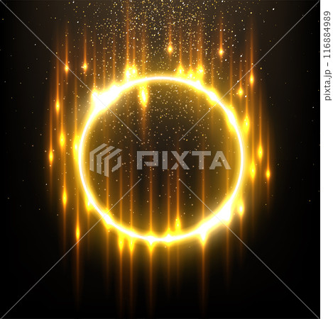 Gold ring with flash rays and sparks vector illustration. Realistic 3D circle shiny golden frame with edges and fiery flare, circular precious jewelry and abstract star dust glow on black background Gold ring with flash rays and sparks vector illustration. Realistic 3D circle shiny golden frame with edges and fiery flare, circular precious jewelry and abstract star dust glow on black background 116884989