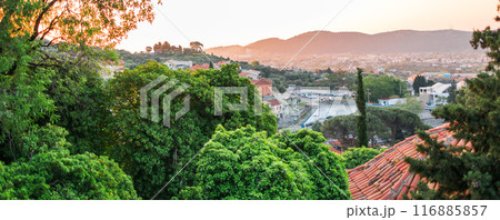 Mediterranean Village in Montenegro and sunset, copy space and empty space for text 116885857