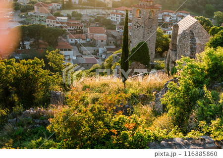 Old city. Sunny view of ruins of citadel in Stari Bar town on Bar city in Montenegro 116885860