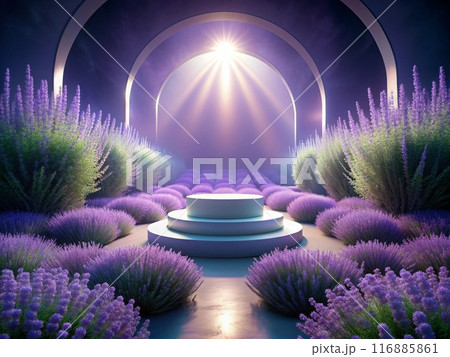 Purple Podium for product demonstrations, magic mystical atmosphere soft violet light and fog 116885861