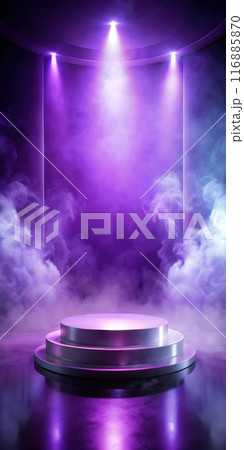 Purple Podium for product demonstrations, magic mystical atmosphere soft violet light and fog 116885870