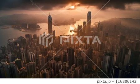 Beautiful metropolitan city skyscraper high rise building in the evening sunset cloudy sky, busy life, aerial view, city landscape. Beautiful metropolitan city skyscraper high rise building in the evening sunset cloudy sky, busy life, aerial view, city landscape. 116886142