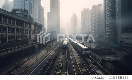 Cityscape with skyscrapers, office buildings, rail tracks, and fog in the urban area. 116886152