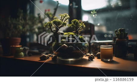 Magnificent terrarium ecosystem with vibrant plant life and reflective glass 116886159