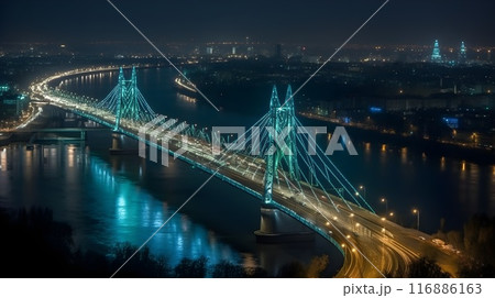 Illuminated cable stayed bridge over river in cityscape at night, cityscape aerial view, large river. 116886163