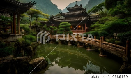 Ancient oriental temple building, serene green pond, nature reflecting, historical travel destination. Ancient oriental temple building, serene green pond, nature reflecting, historical travel destination. 116886179