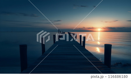Wooden jetty leading to horizon over calm ocean at sunset. Wooden jetty leading to horizon over calm ocean at sunset. 116886180