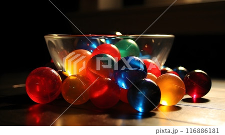 Colorful rubber ball in a glass bowl, in the table. 116886181