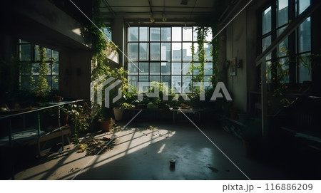 Abandoned City Building with Natural Light and Greenery Through Empty Windows. 116886209