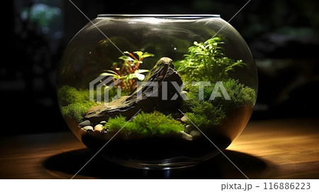 Magnificent terrarium ecosystem with vibrant plant life and reflective glass 116886223