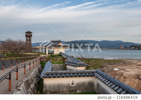 Wooden lighthouse tower by Matsuura river at Karatsu, Japan Wooden lighthouse tower by Matsuura river at Karatsu, Japan 116886419