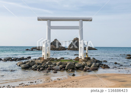 torii gate and couple stones over sea, Itoshima Sakurai Futamigaura 116886423