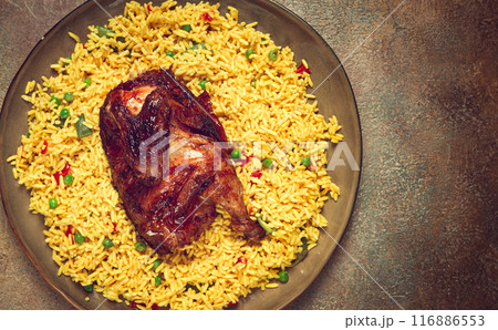 kabsa, rice with chicken, Saudi Arabian dish, national dish, homemade, no people, 116886553