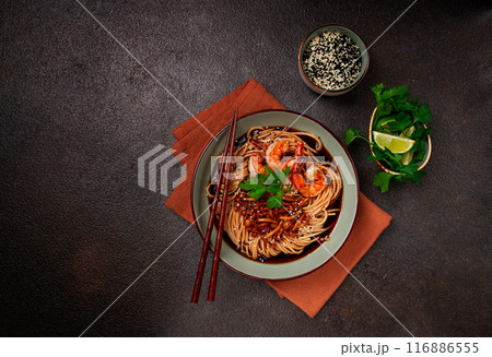 soba, buckwheat noodles, with shimeji mushrooms and tiger shrimps, homemade, no people, 116886555