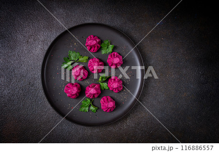 beetroot khinkali, mini khinkali, purple, Georgian cuisine, no people, 116886557