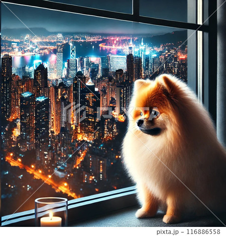 都会の夜景を見つめる犬 116886558