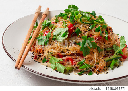 Funchosa, Korean salad, with vegetables, homemade, no people, 116886575