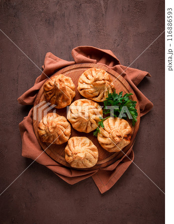 Deep-fried khinkali, khinkali with meat, traditional Georgian dish, no people, 116886593