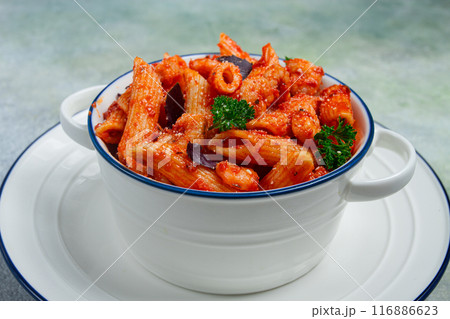 Penne pasta, with shrimp in tomato sauce, close-up, no people, 116886623