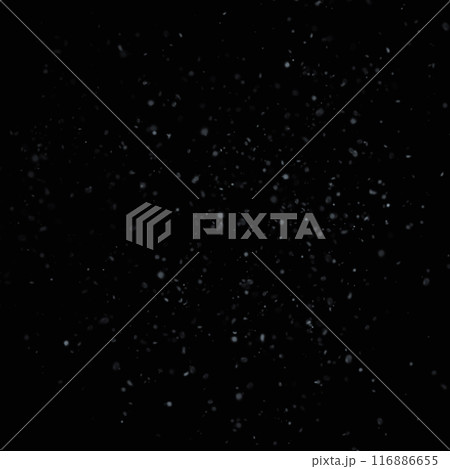 Snowfall, falling white snow, blizzard. Transparent background black. Realistic snowflakes. Isolated pattern backdrop. 116886655