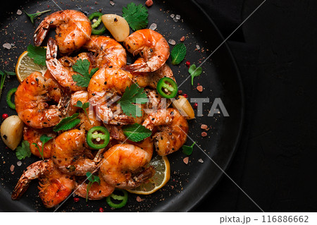 Fried shrimp, headless, with spices, grilled, homemade, no people, 116886662