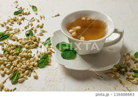 Jasmine Tea, drink , Jasmine flowers, dry, herbal, tea, top view, no people, Jasmine Tea, drink , Jasmine flowers, dry, herbal, tea, top view, no people, 116886663