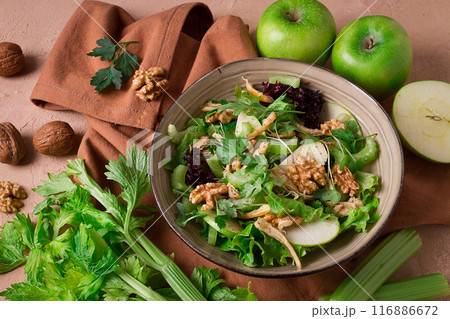 Fresh, Waldorf salad, celery stalk with chicken, apple and walnut, grapes, herbs, homemade, no people, 116886672