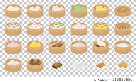 Illustration material set of dim sum in a bamboo steamer Illustration material set of dim sum in a bamboo steamer 116886680