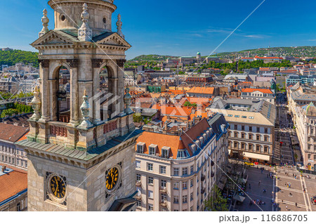A panoramic view from St. Stephen's Basilica, a Catholic basilica in Budapest, Hungary 116886705