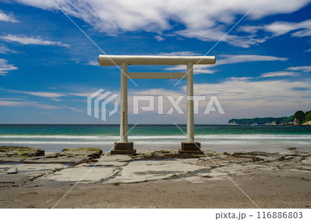 White Torii Gate on Beach in Japan White Torii Gate on Beach in Japan 116886803