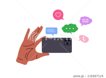 Social media. Hands hold a phone with icons notified in the form of a like, message, comment above the smartphone screen. 116887124