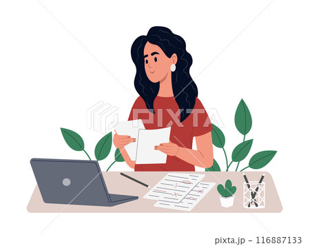 A business woman in holding paper accounting documents sitting at a desk in a modern office indoors. Career achievement concept. 116887133