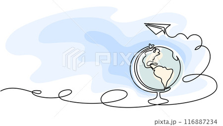 Globe, paper plane sign. Back to school education concept. Continuous one line drawing 116887234