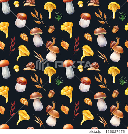 Forest mushrooms realistic seamless pattern, watercolor botanical painting flora design for fabric, textile, wallpaper 116887476