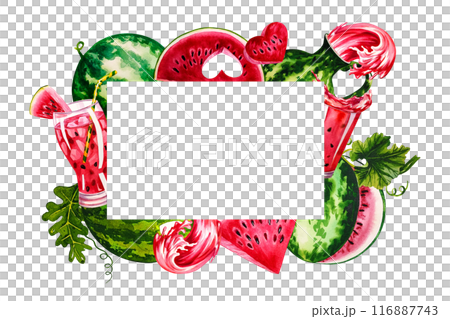 Watermelon. A frame with a picture of watermelons. Handmade watercolor illustration. For packaging and banners. For textiles and stickers, menus and posters, for flyers, postcards and labels. 116887743