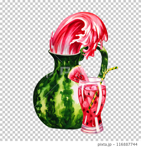 Watermelon jug with leaking watermelon juice. A hand-drawn watercolor illustration. For labels, packaging and banners. For textiles, prints and stickers. As well as for menus, greeting cards. 116887744