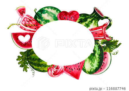 Watermelon. The frame is oval with the image of watermelons. Handmade watercolor illustration. For packaging and banners. For textiles and stickers, menus and posters, for flyers, postcards and label Watermelon. The frame is oval with the image of watermelons. Handmade watercolor illustration. For packaging and banners. For textiles and stickers, menus and posters, for flyers, postcards and label 116887746