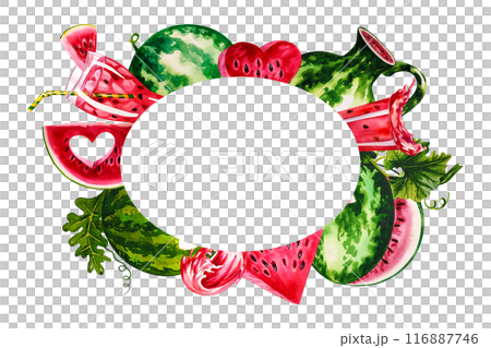 Watermelon. The frame is oval with the image of watermelons. Handmade watercolor illustration. For packaging and banners. For textiles and stickers, menus and posters, for flyers, postcards and label Watermelon. The frame is oval with the image of watermelons. Handmade watercolor illustration. For packaging and banners. For textiles and stickers, menus and posters, for flyers, postcards and label 116887746