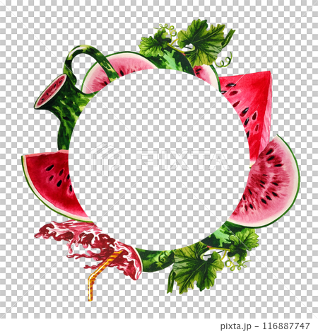 Watermelon. The frame is round with the image of watermelons. Handmade watercolor illustration. For packaging and banners. For textiles and stickers, menus and posters, for flyers, postcard and label. 116887747