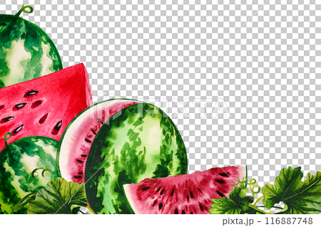 Watermelon. A frame with a picture of watermelons. Handmade watercolor illustration. For packaging and banners. For textiles and stickers, menus and posters, for flyers, postcards and labels. Watermelon. A frame with a picture of watermelons. Handmade watercolor illustration. For packaging and banners. For textiles and stickers, menus and posters, for flyers, postcards and labels. 116887748