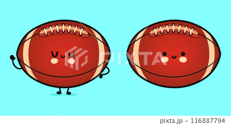 Cute funny Rugby ball. Vector hand drawn cartoon kawaii character illustration icon. Isolated on blue background. Rugby ball character concept 116887794