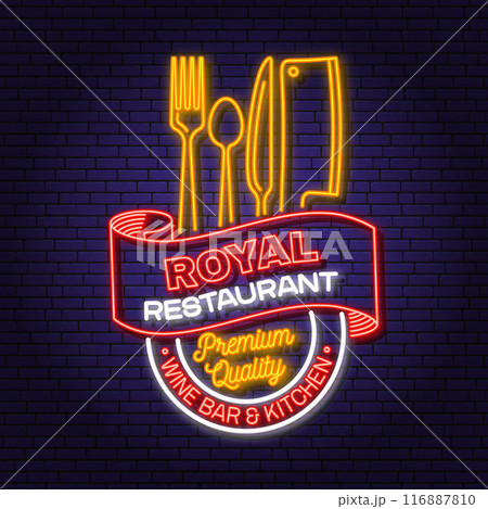 Royal Restaurant shop, menu logo. Vector. Neon glowing sign with crown, plate, kitchen knife, fork and spoon. Cooking, cuisine logo for menu restaurant or cafe. Royal Restaurant shop, menu logo. Vector. Neon glowing sign with crown, plate, kitchen knife, fork and spoon. Cooking, cuisine logo for menu restaurant or cafe. 116887810