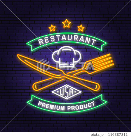 Royal Restaurant shop, menu logo. Vector. Neon glowing sign with chef hat, fork and knife. Cooking, cuisine logo for menu restaurant or cafe. Royal Restaurant shop, menu logo. Vector. Neon glowing sign with chef hat, fork and knife. Cooking, cuisine logo for menu restaurant or cafe. 116887811