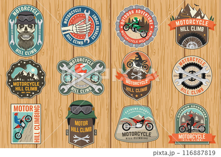 Set of motorcycle hill climb logos, badges, stickers. Vector. Extreme sport with motorbike for extreme jump and race in mountains 116887819